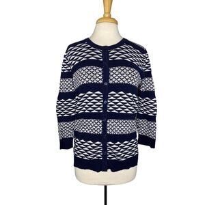 MERONA Nautical Blue Geometric Stripe Knit 100% Cotton Cardigan XL 3/4 Sleeve